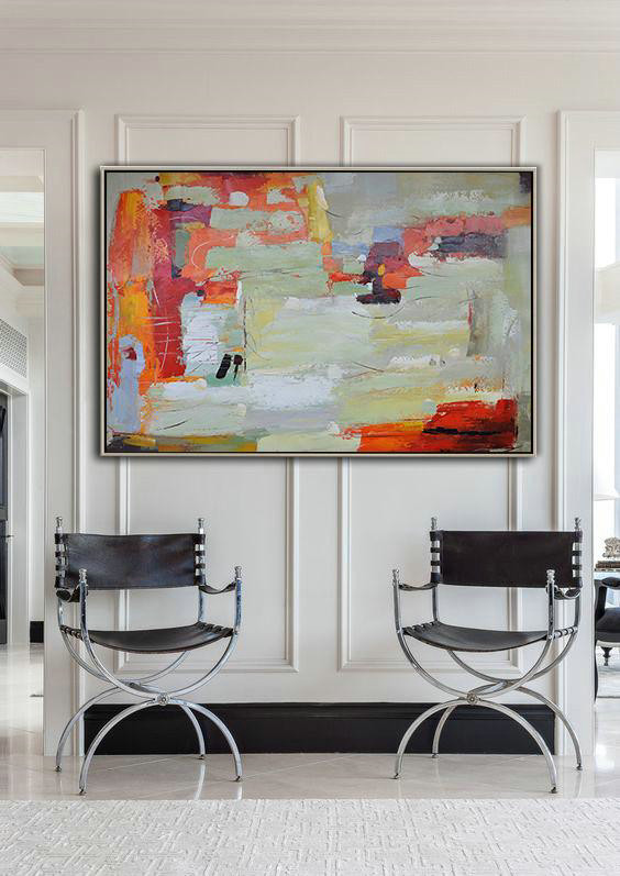 Large Living Room Decor,Oversized Horizontal Contemporary Art,Original Art Acrylic Painting,Red,Light Green,Yellow,Grey.etc